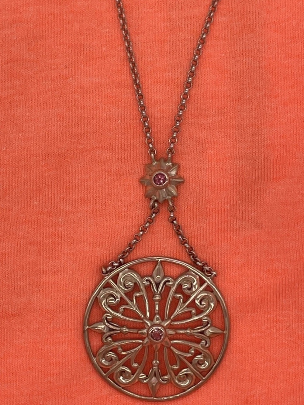 Vintage 925 Sterling Silver Filigree Y-Necklace Medallion Pendant Pink Gem RF